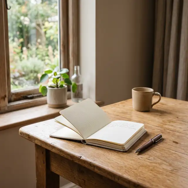 Conscious personal growth through calm reflection, notebook and simple personal notes